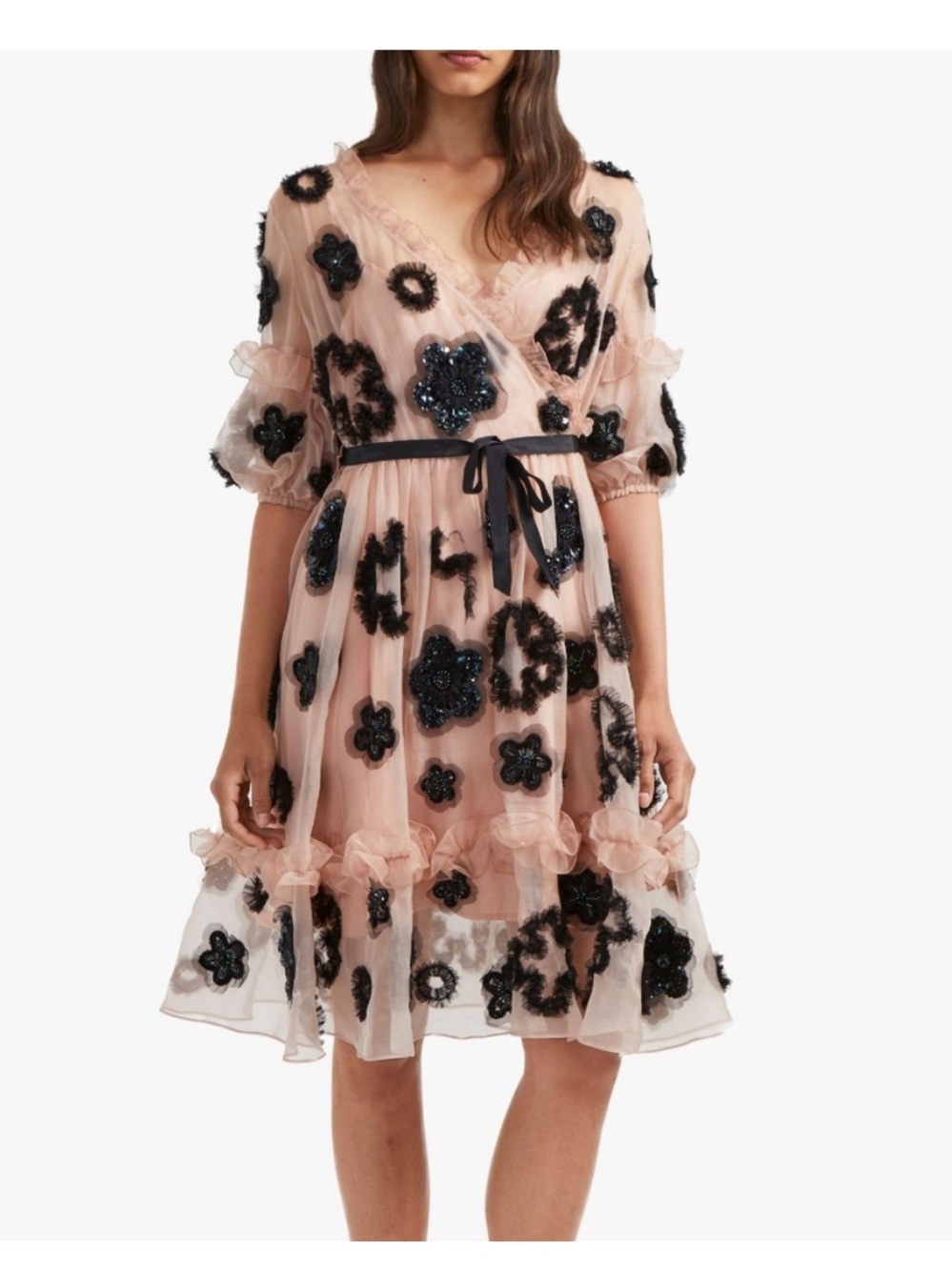 French Connection Sz. Baby Doll Chiffon Dress W/ Flowers Appliqué Pink & Black